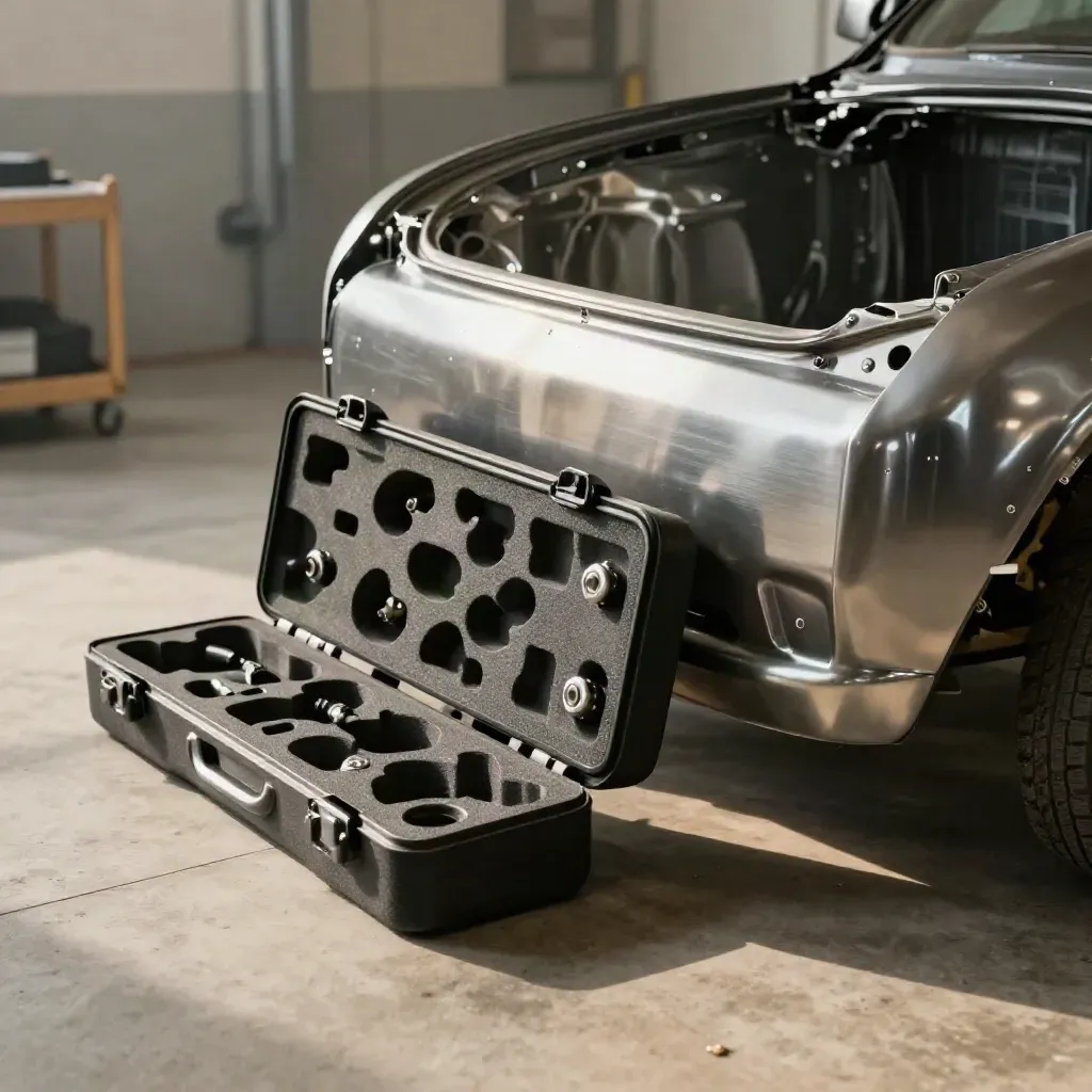 Custom upgrade kit beside a fitted truck front clip in a warm garage