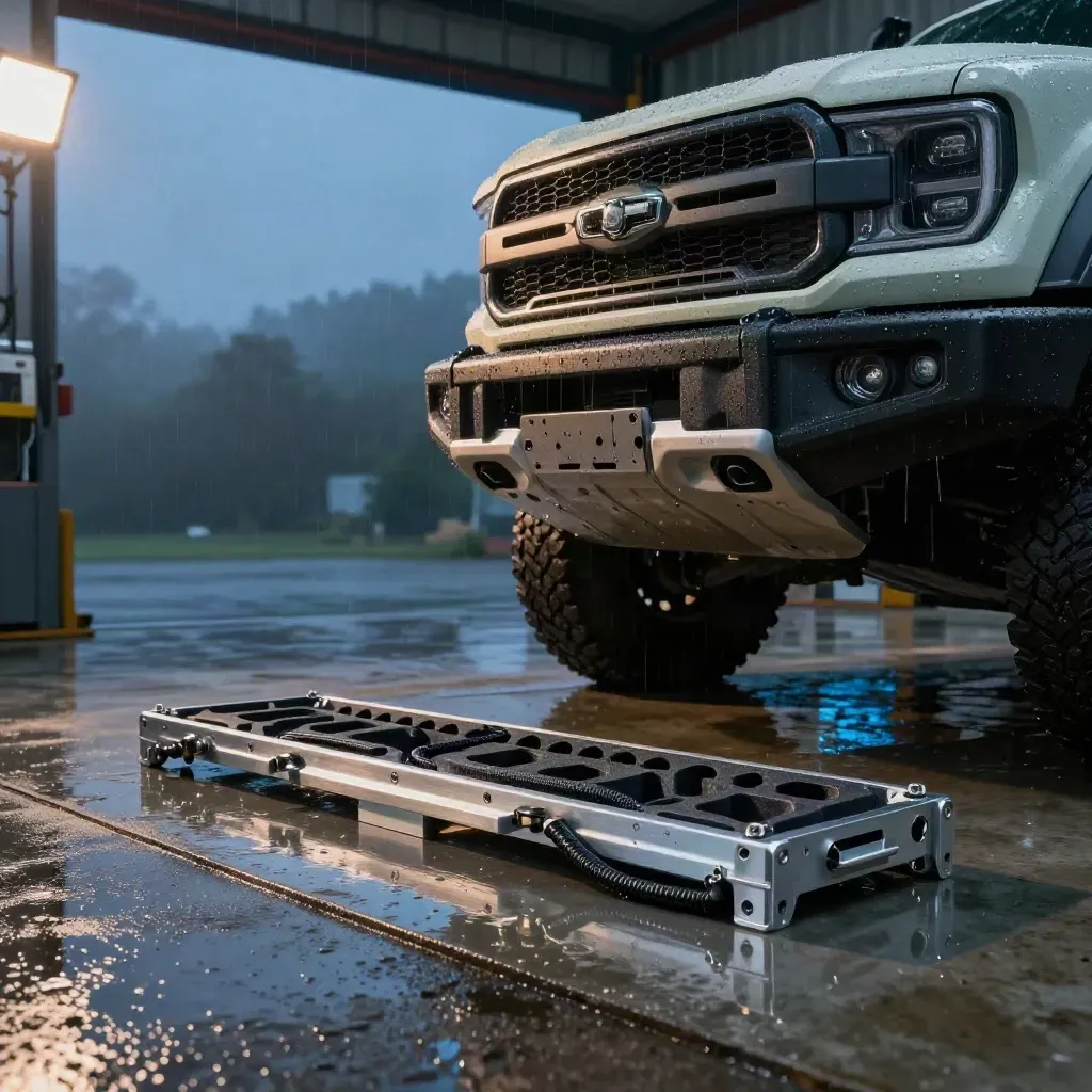Upgrade kit parts beside an off-road truck nose in a damp service bay at blue hour.