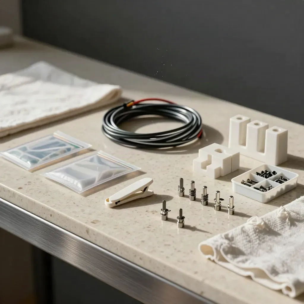 Install support kit laid out in sequence on a travertine bench, harness and connectors mid-prep.