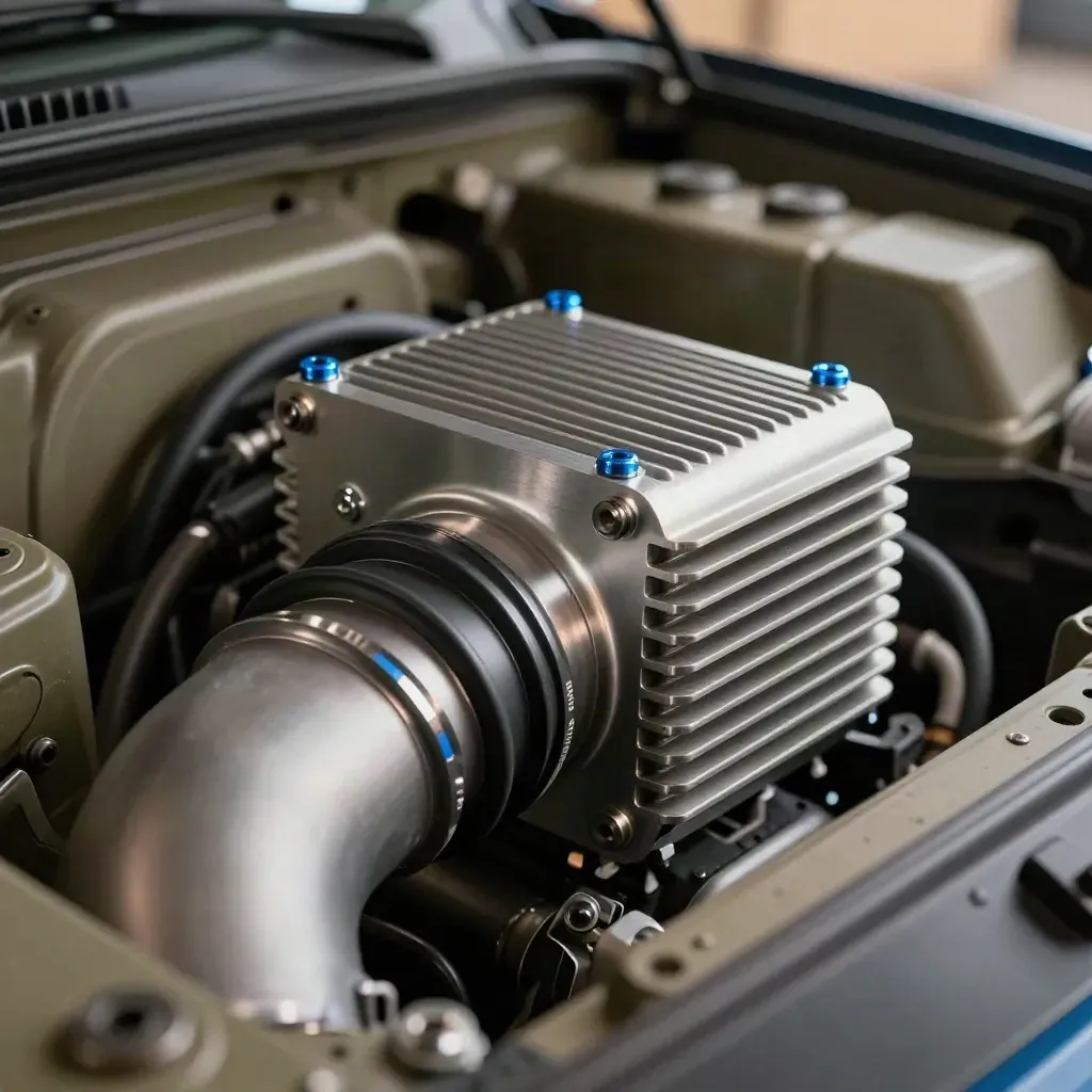 Macro of a performance add-on module with intake duct, heat-sink fins, and blue accent in a dark bay