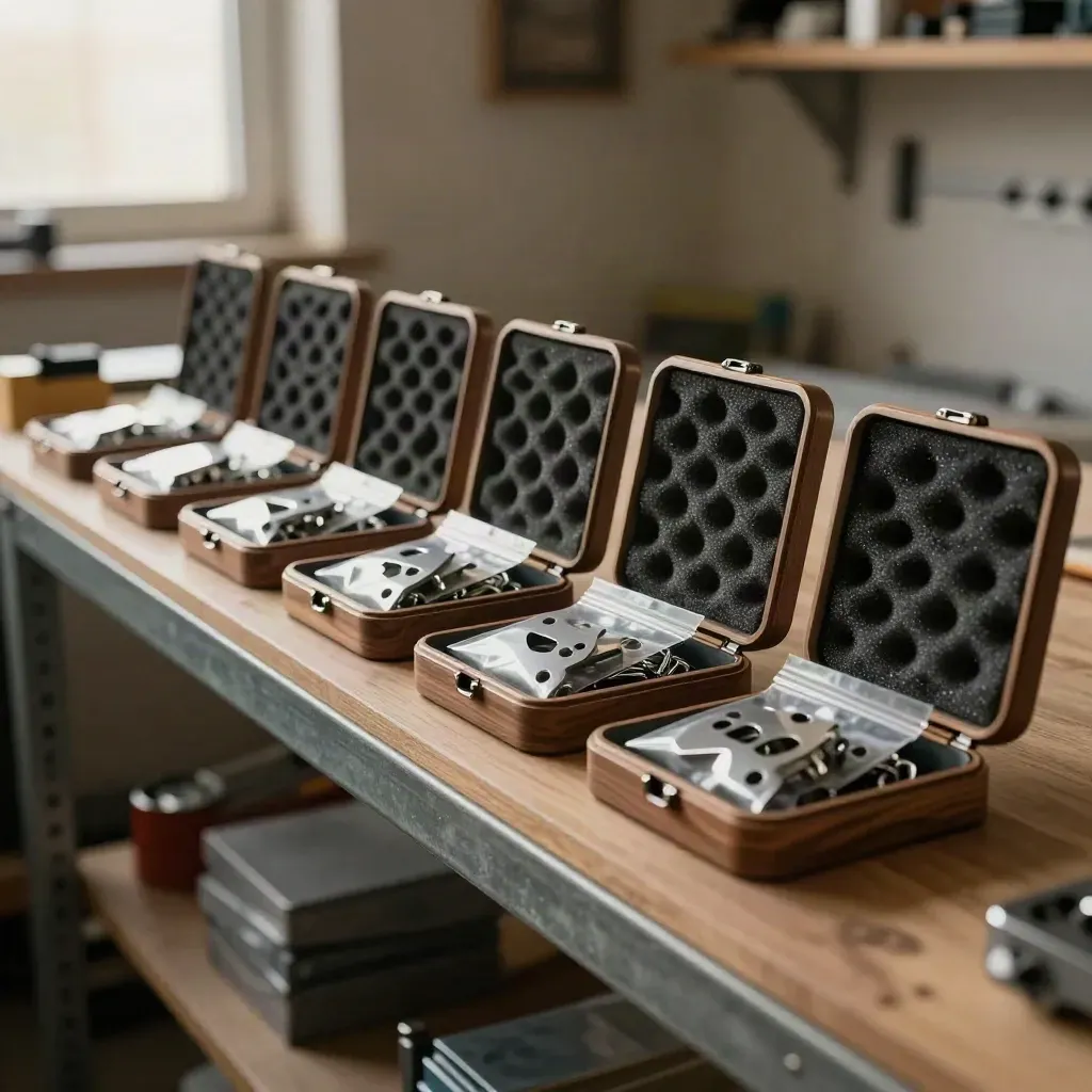 Ten identical upgrade kits lined on a shop shelf in warm late-afternoon light.