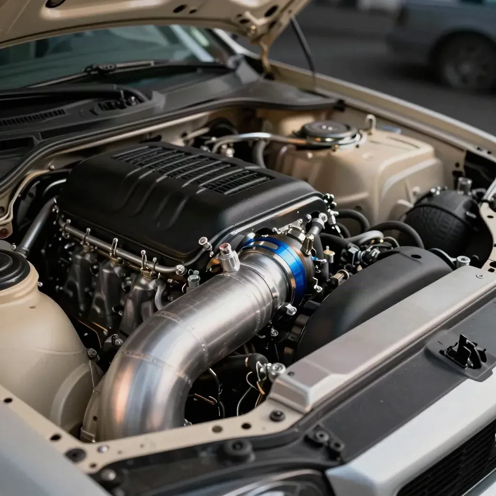 Installed cold-air intake add-on in an open engine bay, shot low with blue accent.