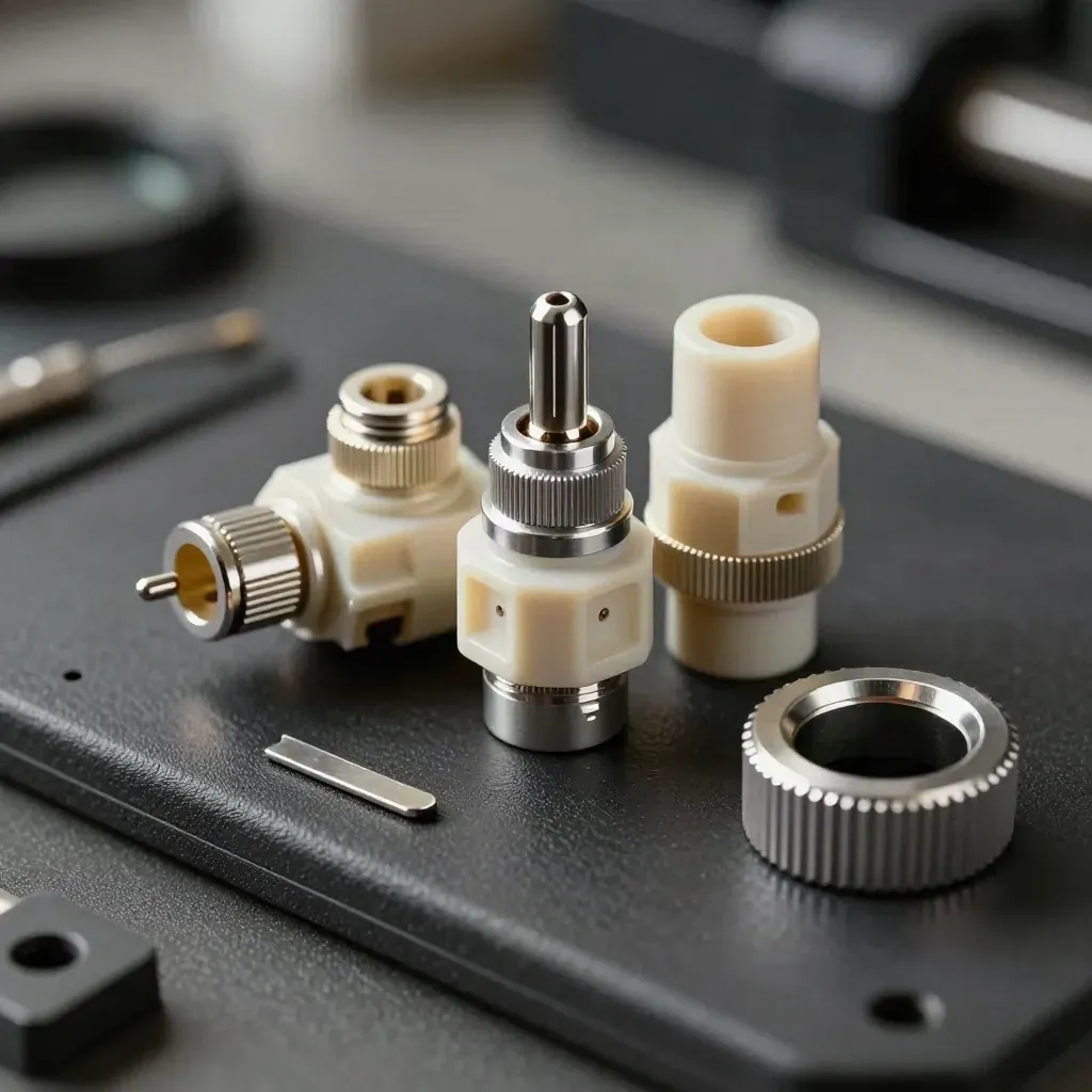 Extreme macro of connector housings, keyed plugs and an adapter ring on a dark rubber bench.