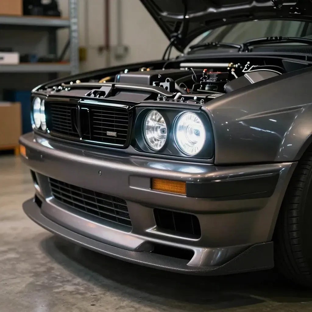 Glowing custom LED lights on a finished vehicle front end in a dim garage