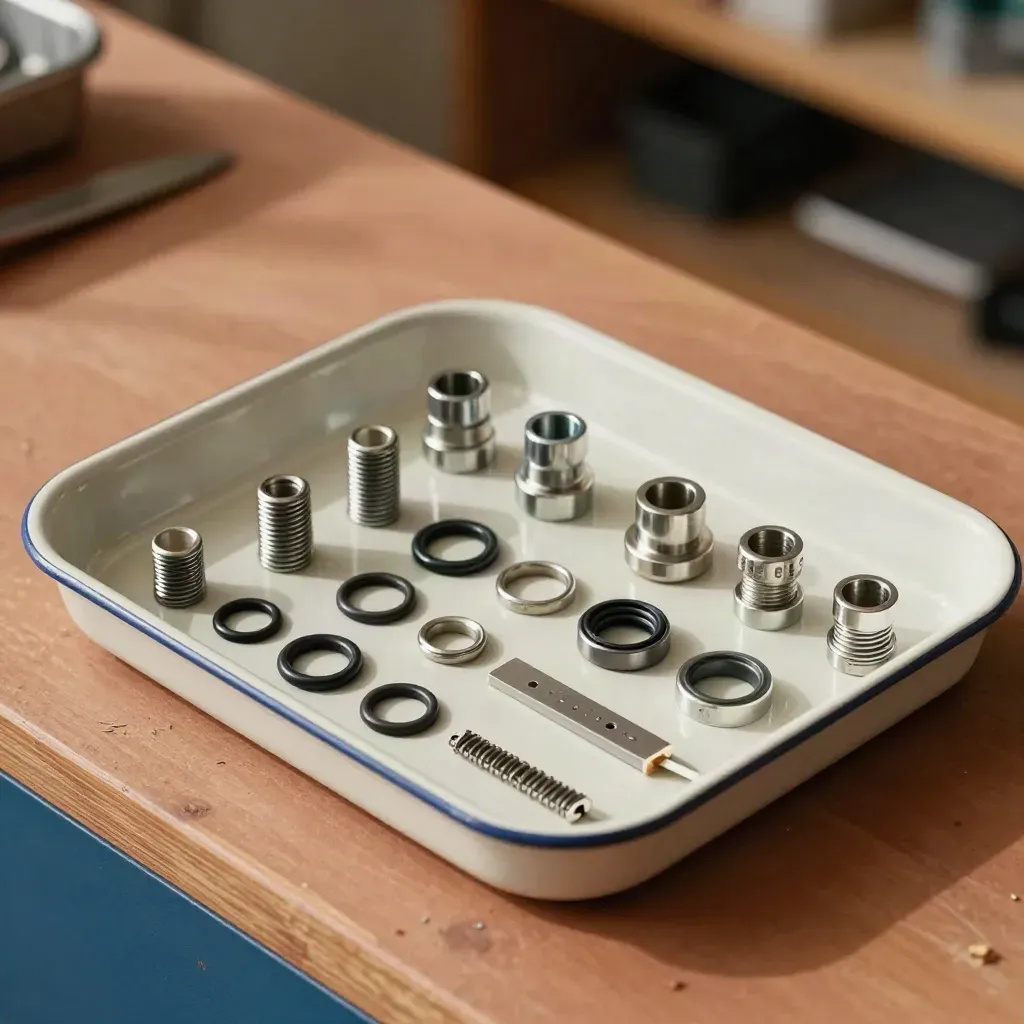 Overhead tray of fasteners, o-rings, bushings and trim clips on a warm workshop bench.