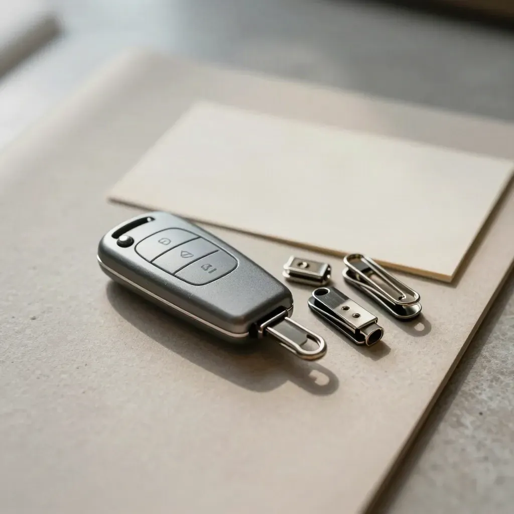 Key fob, model shell, and parts beside a closed project folder on stone desk