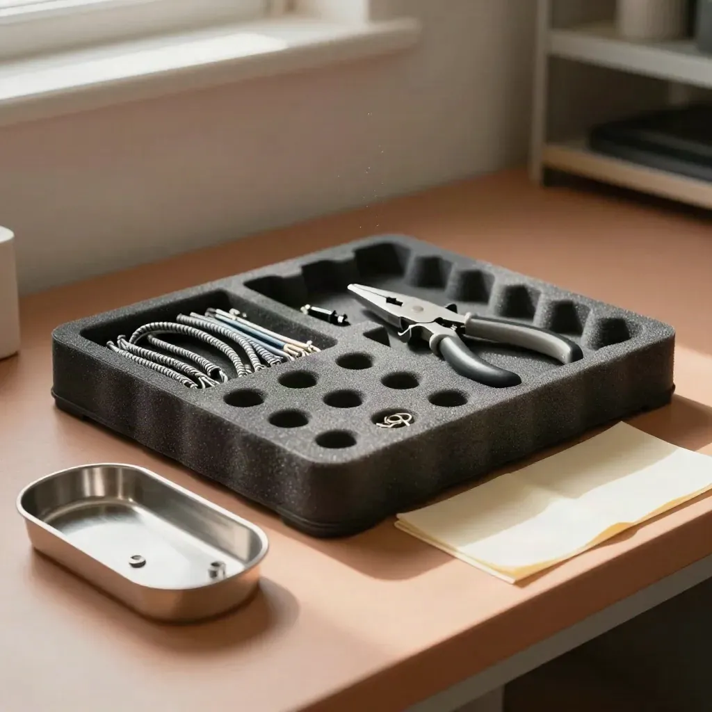 Open install kit tray with wiring looms, grommets and pliers on a putty service bench.