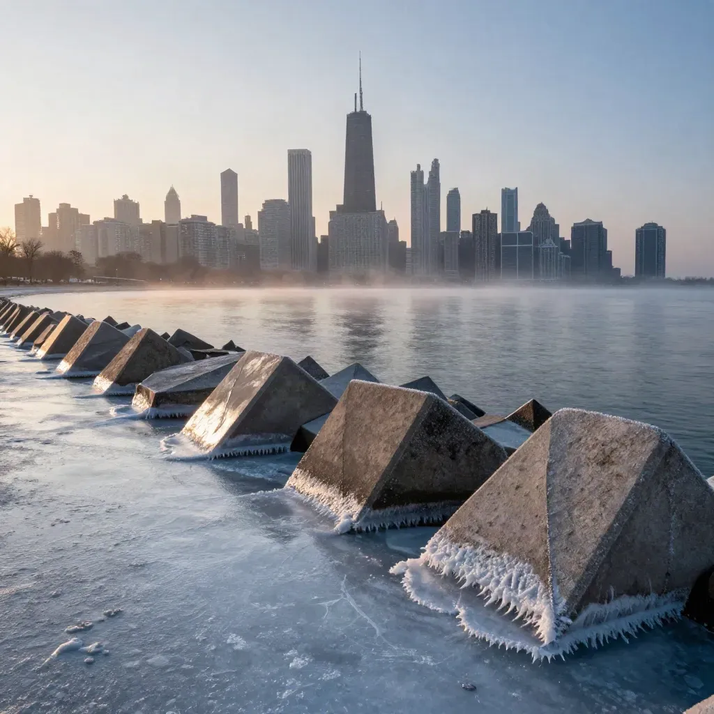 Chicago skyline at dawn above icy breakwater and calm misty lake water.
