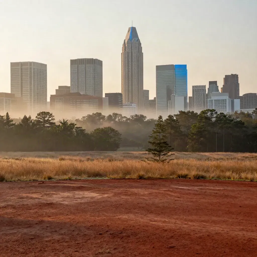 Atlanta skyline at sunrise above pine flats and red clay with mist