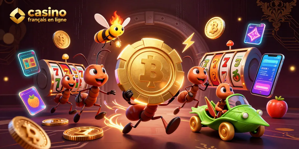 Jeux captivants de casino français en ligne avec des fourmis en pleine action, transportant des jetons.