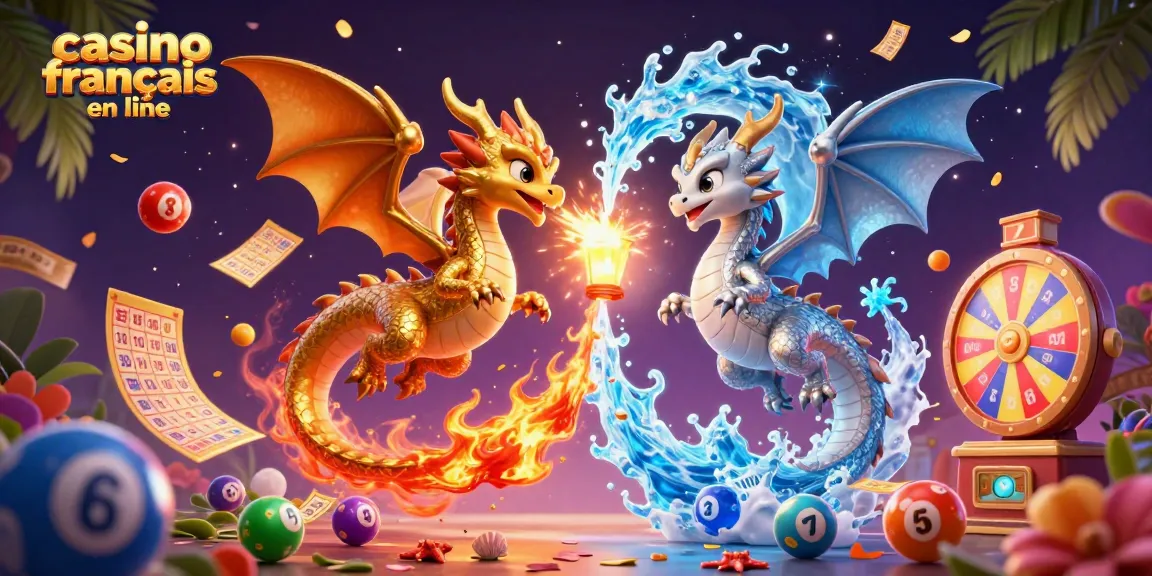Gagnez avec le casino français en ligne, illustrant des dragons et des éléments de loterie.