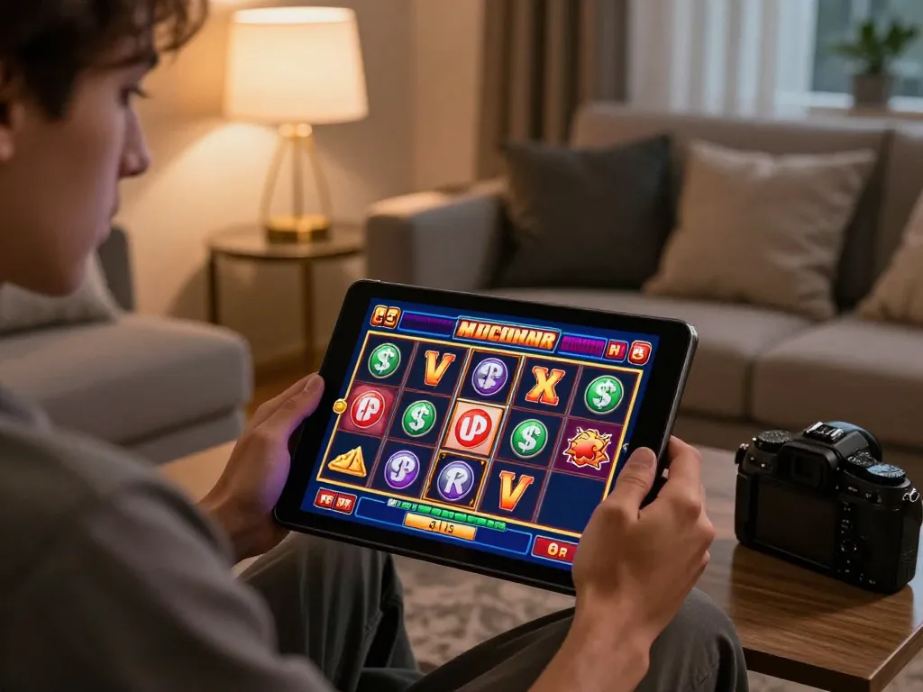 Player enjoying a slot game at home using Go88 app on tablet, showcasing online gaming excitement.