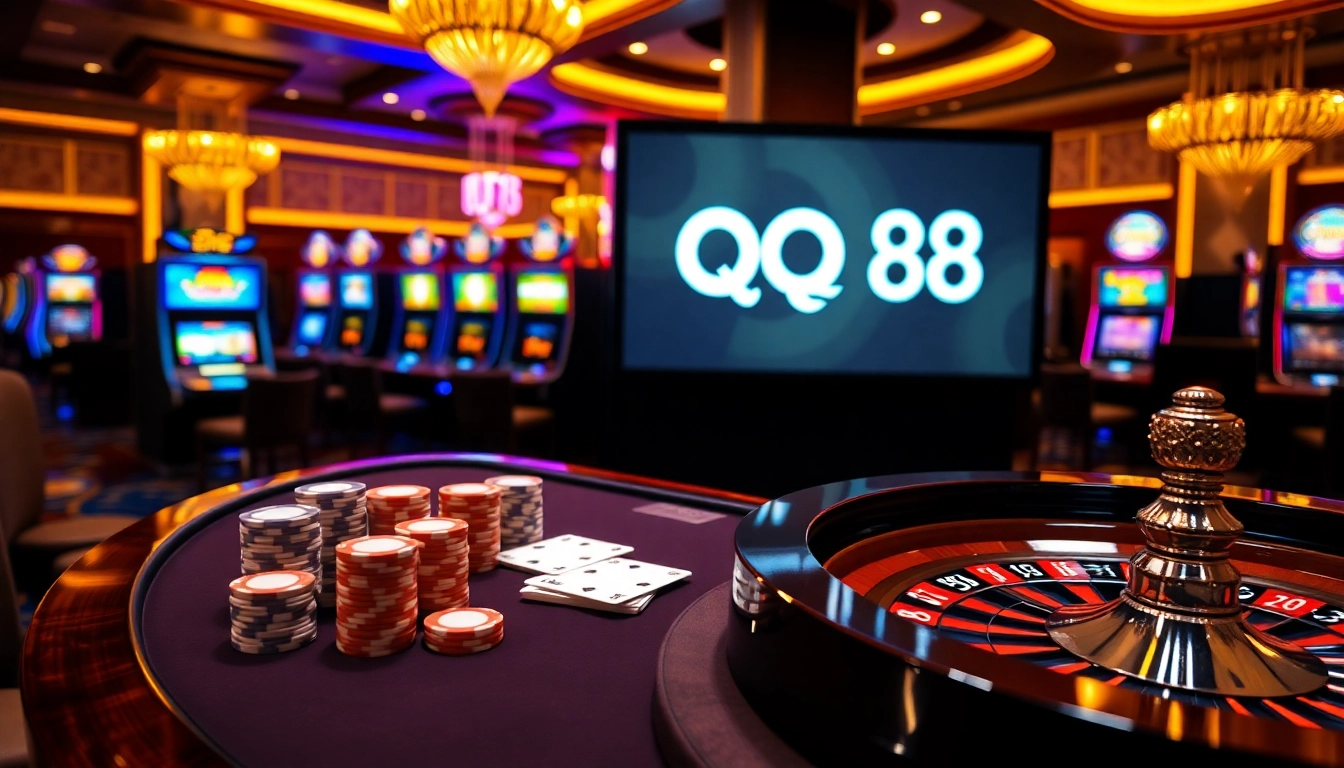 Engaging scene of gambling at QQ 88 with poker chips and roulette, portraying excitement.