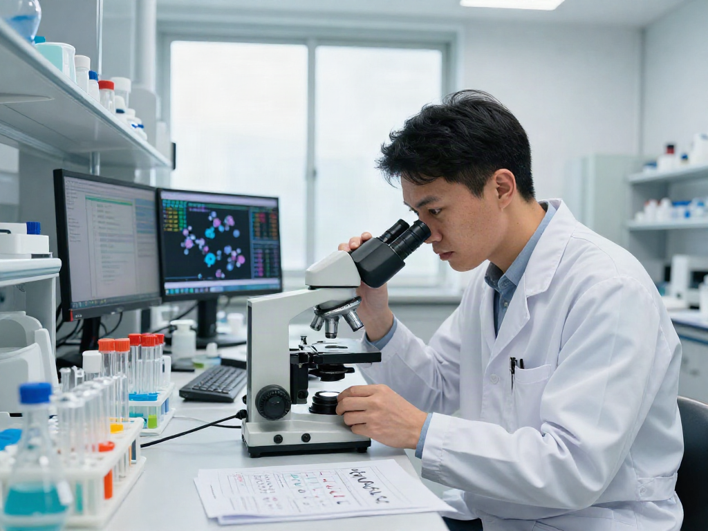 Scientist analyzing GHK-Cu research peptides in a lab, showcasing innovation in biotechnology.