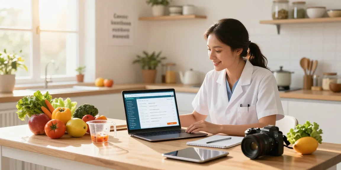 Nutritionist exploring the best calorie tracking app in a bright kitchen environment surrounded by fresh ingredients.