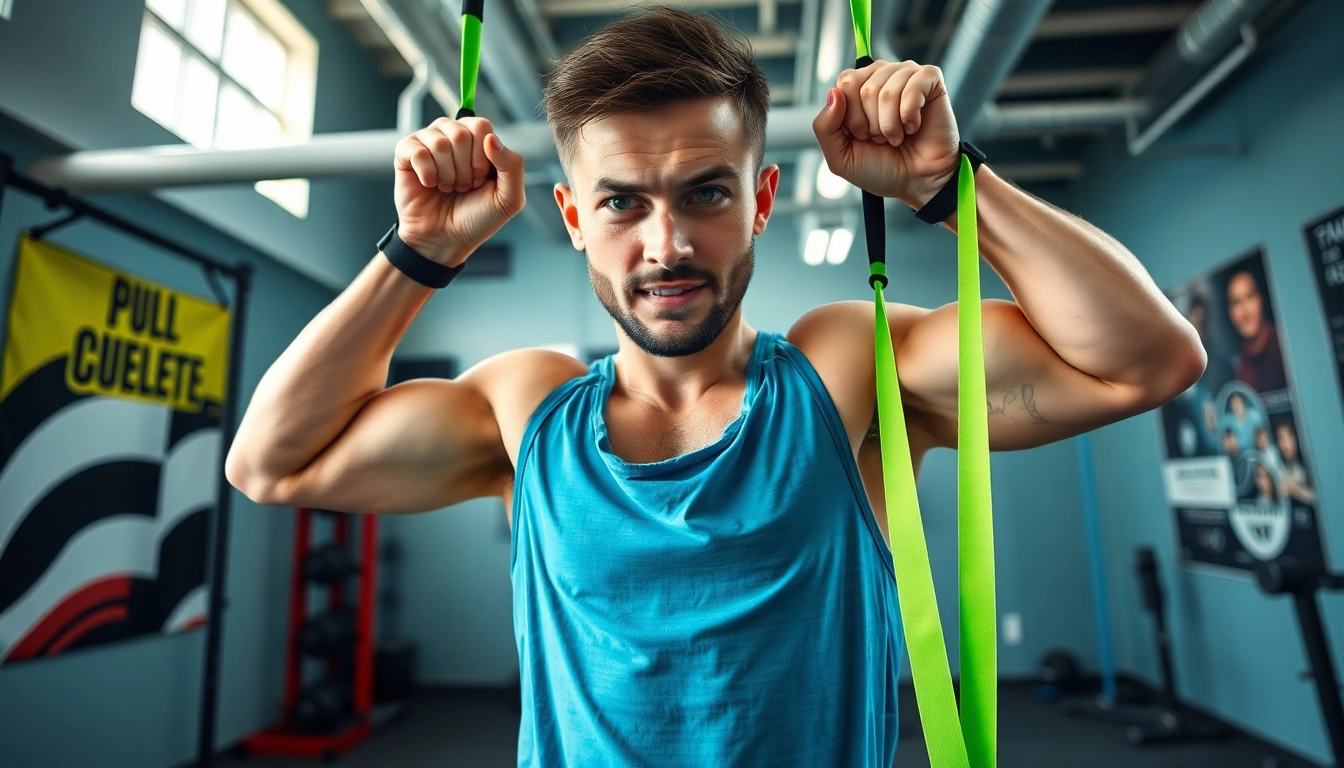 Fitness enthusiast using pull-up assist bands in a vibrant gym setting.