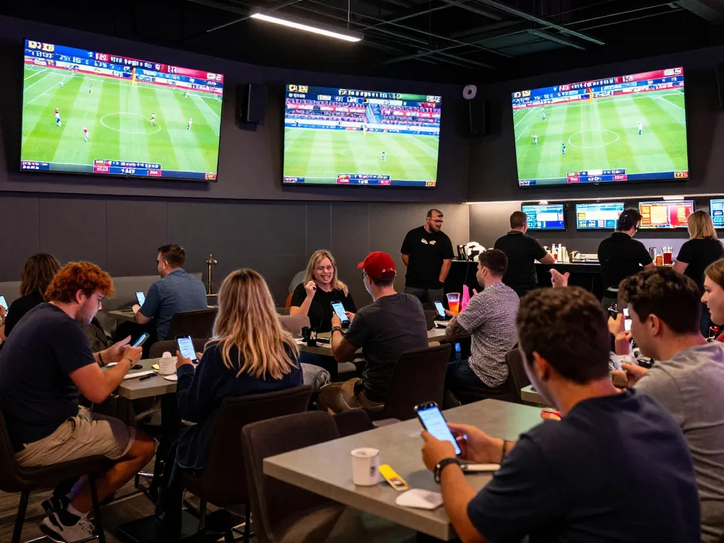 High-energy sports betting scene at https://cakhiatv.design/ showcasing bettors analyzing live match odds.