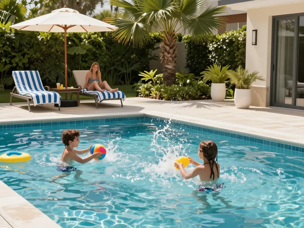 Families enjoying Dolphin Pool Services in a vibrant, well-maintained swimming pool.
