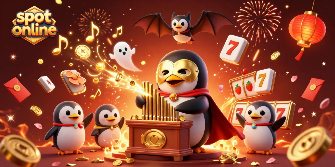 Engage with slot online in a vibrant scene featuring a penguin and bat acrobat enjoying casino excitement.