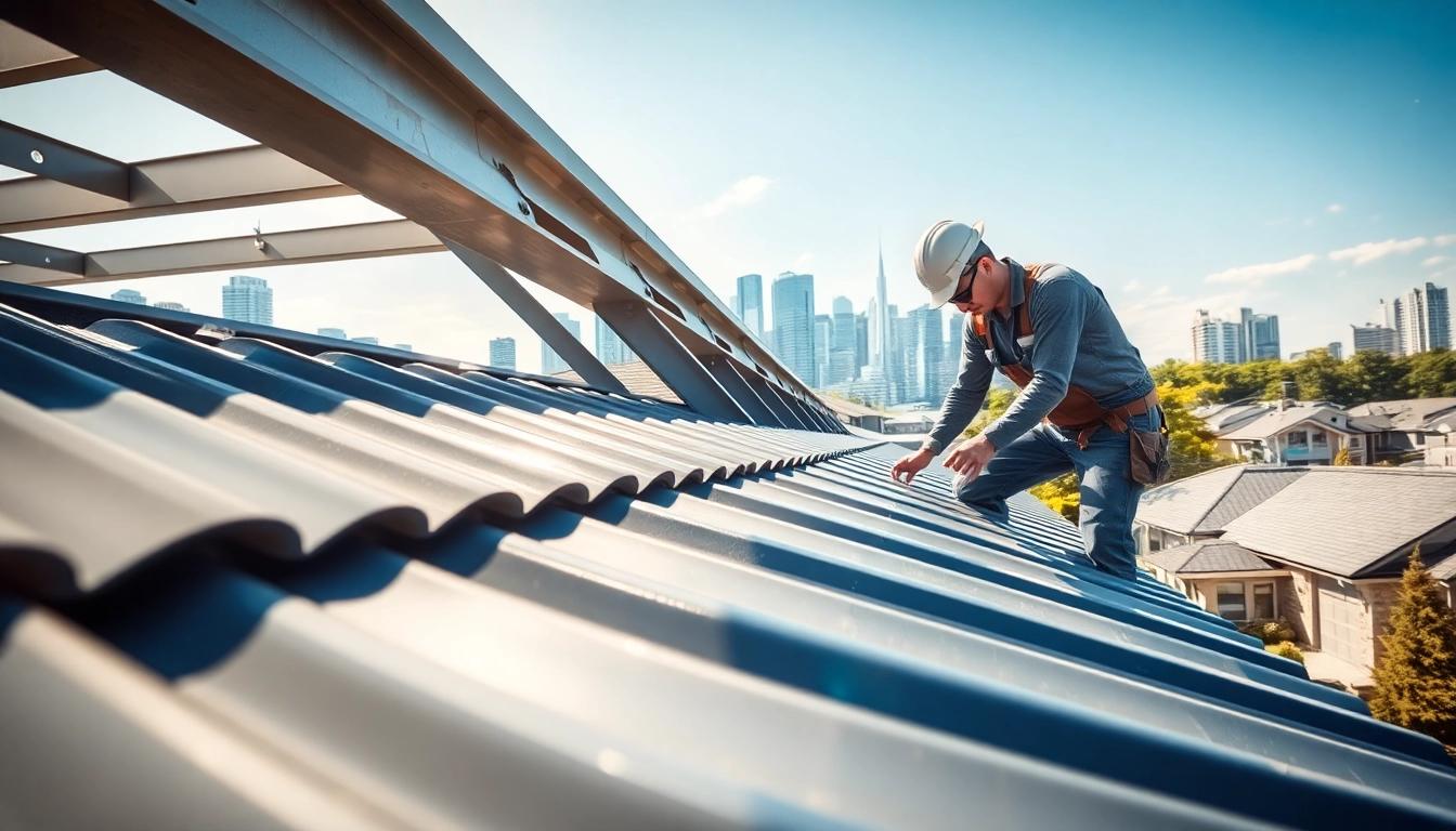 Install metal roofing toronto with a professional worker showcasing durable metal shingles under bright sunlight.