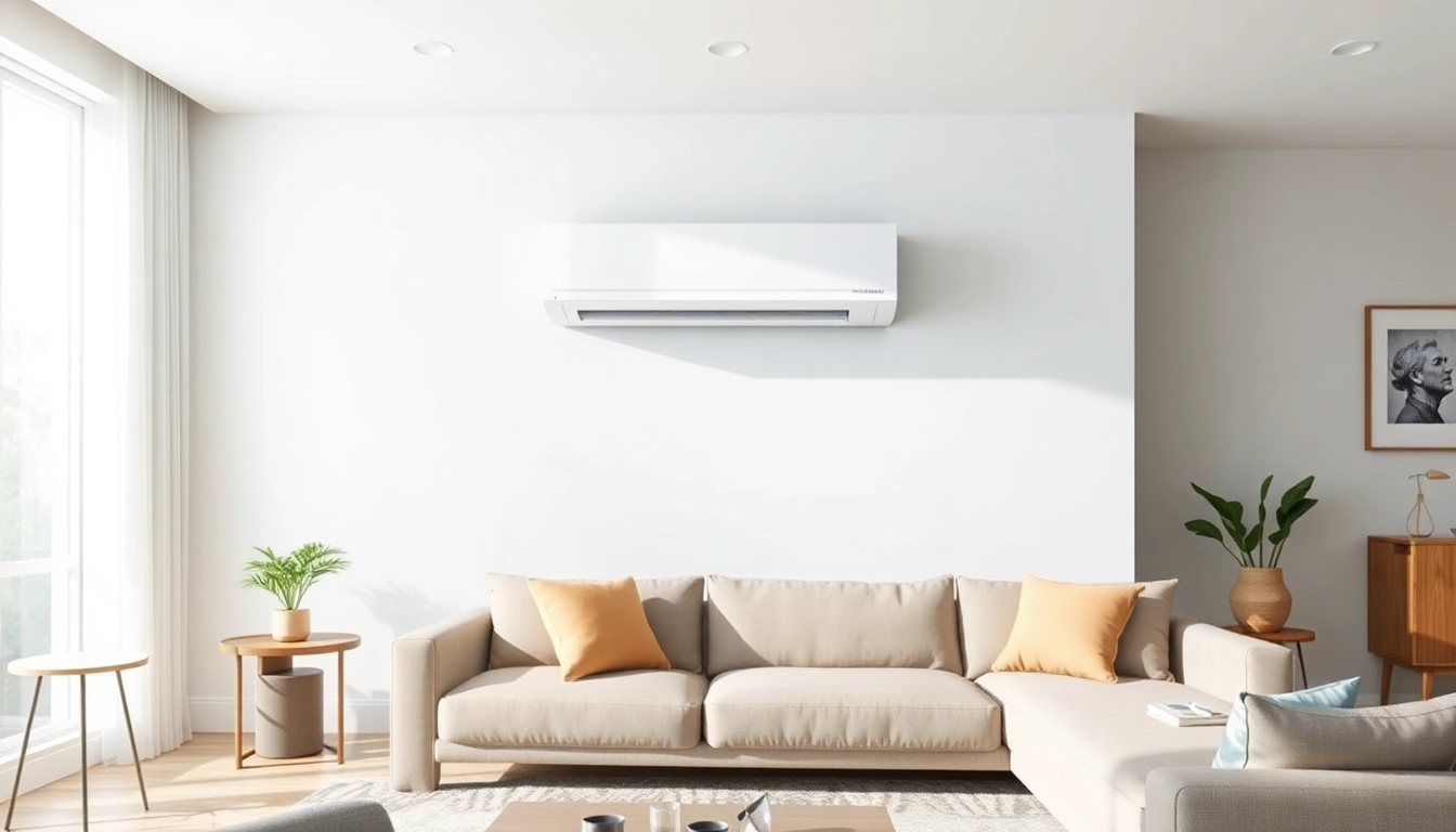 Showcase a Mitsubishi mini split AC installed in a stylish living room setting, emphasizing modern aesthetics.