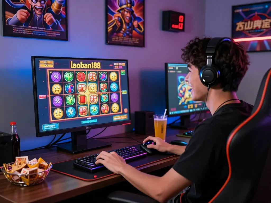 Pemain yang bersemangat berinteraksi dengan slot online laoban188, pengaturan permainan yang vibrant dengan layar berwarna-warni dan suasana yang nyaman.