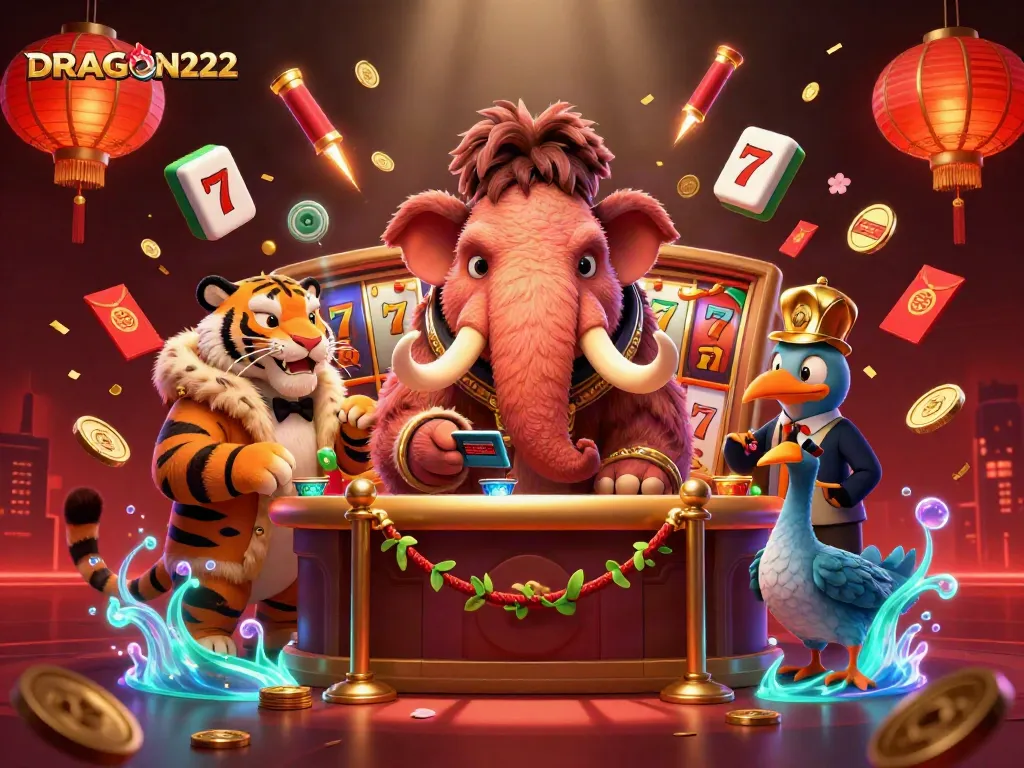 Engage in thrilling spins at DRAGON222 for exciting slot adventures with a colorful 3D casino scene.