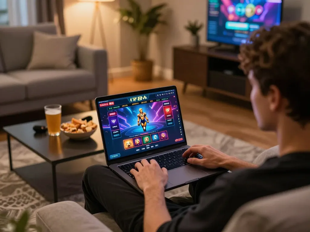 Engaging with KP88 online casino on a cozy sofa, highlighting user-friendly interface.