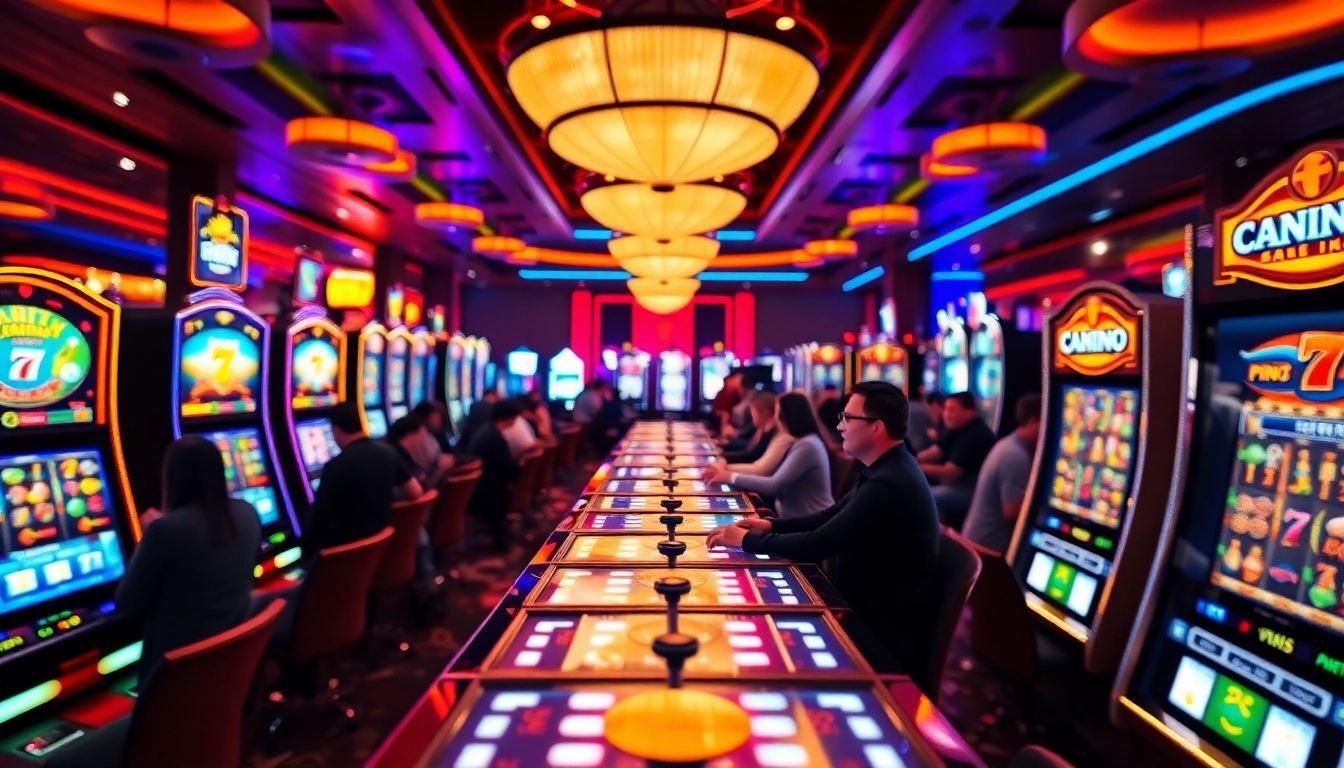Pinco Casino oynamag dağınıqlıq və dolu slot maşınları ilə dolu canlı kazino mühiti.