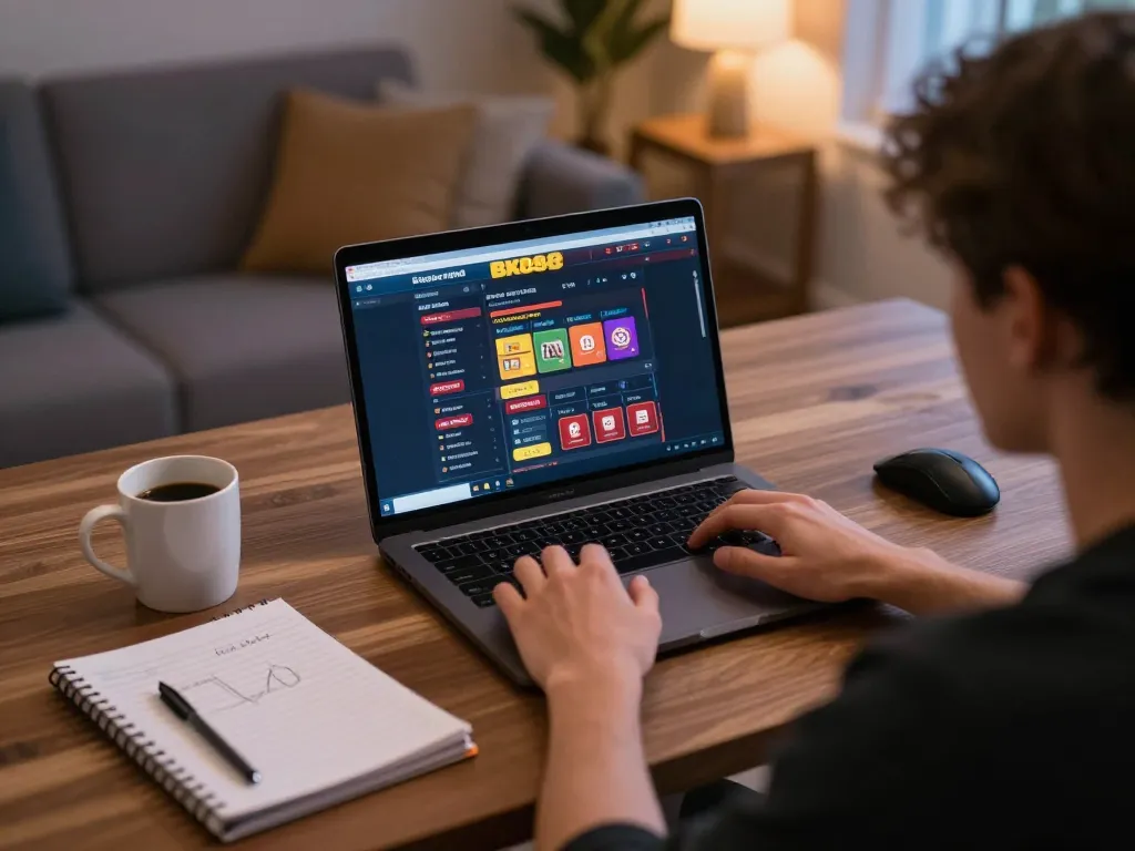 Player engaging with BK888 online casino interface while studying betting strategies in a cozy home setup.