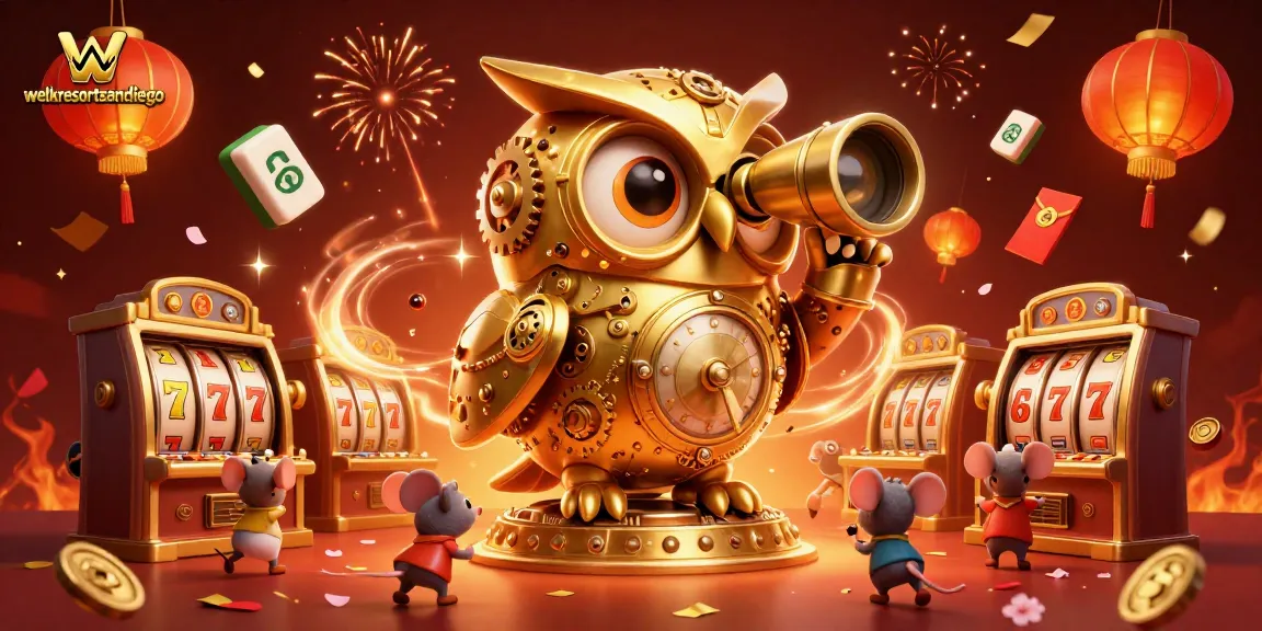 Engage with the vibrant casino scene featuring the owl logo of welkresortsandiego among spinning slot reels and colorful game elements.