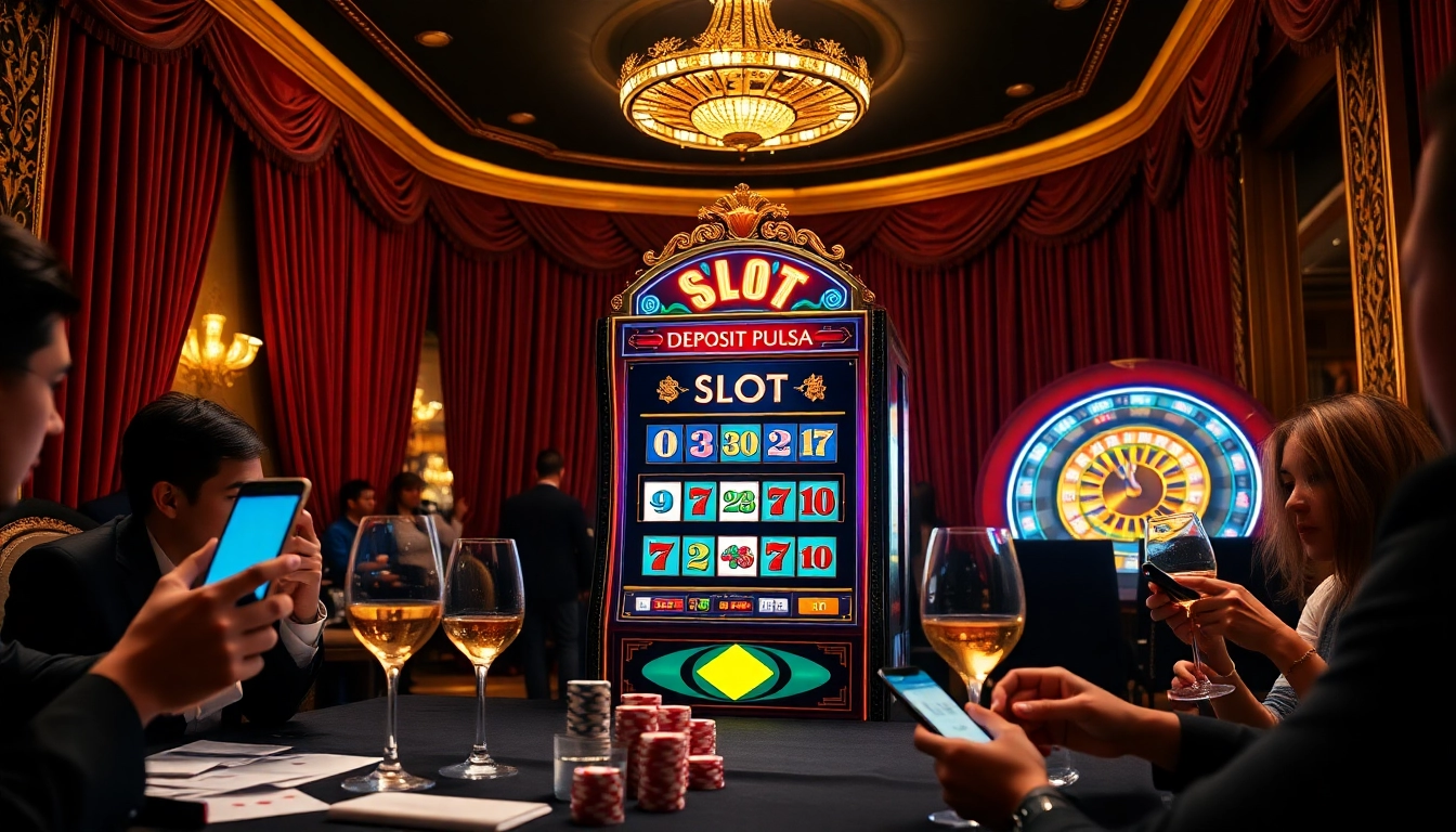 Rasakan sensasi dengan SLOT DEPOSIT PULSA pada mesin slot yang cerah di latar kasino mewah.