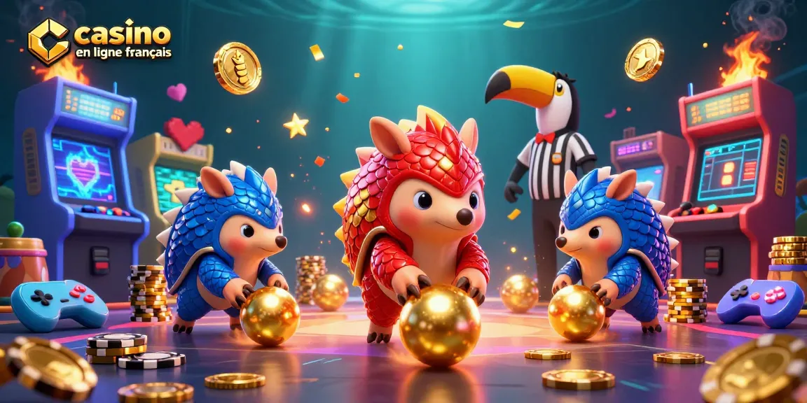 Les pangolins rivaux en armure de casino en ligne français jouent avec des jetons et des éléments colorés.