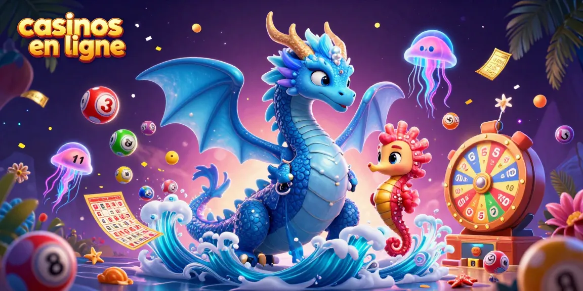 Jouez aux casinos en ligne avec une image de dragon en 3D et des éléments de loterie colorés.