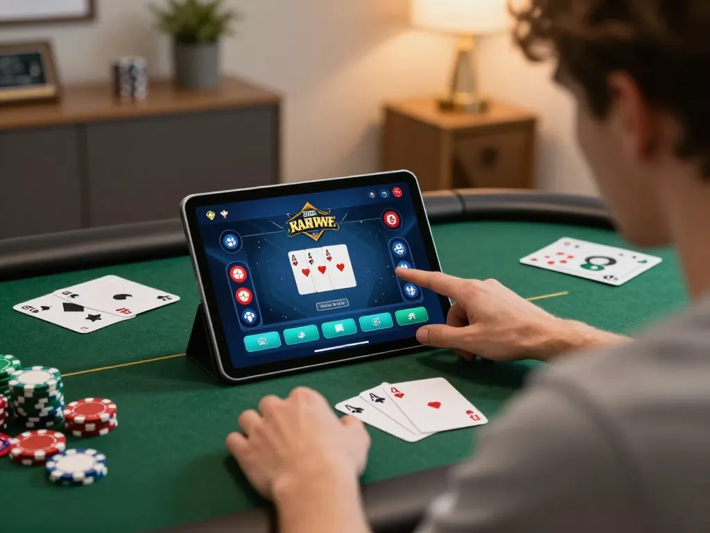 nhà cái 388bet player enjoying online poker game in a warm home office setting
