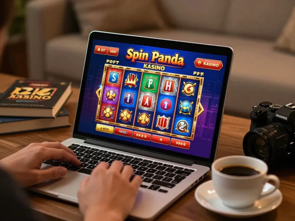 Experience the excitement of Spin Panda Kasino with vibrant slot games displayed on a laptop screen