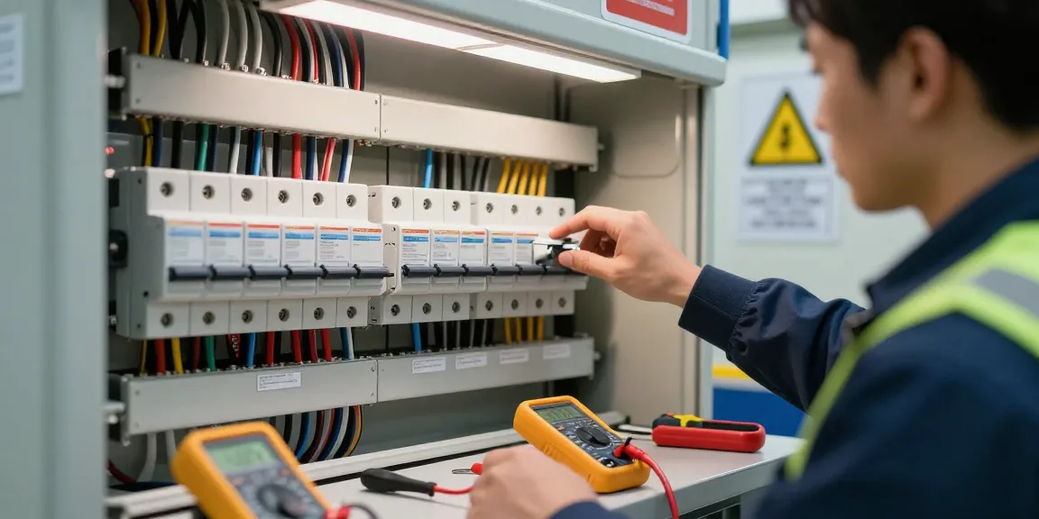 Earth leakage circuit breaker inspection by technician showcasing safety and quality in electrical systems