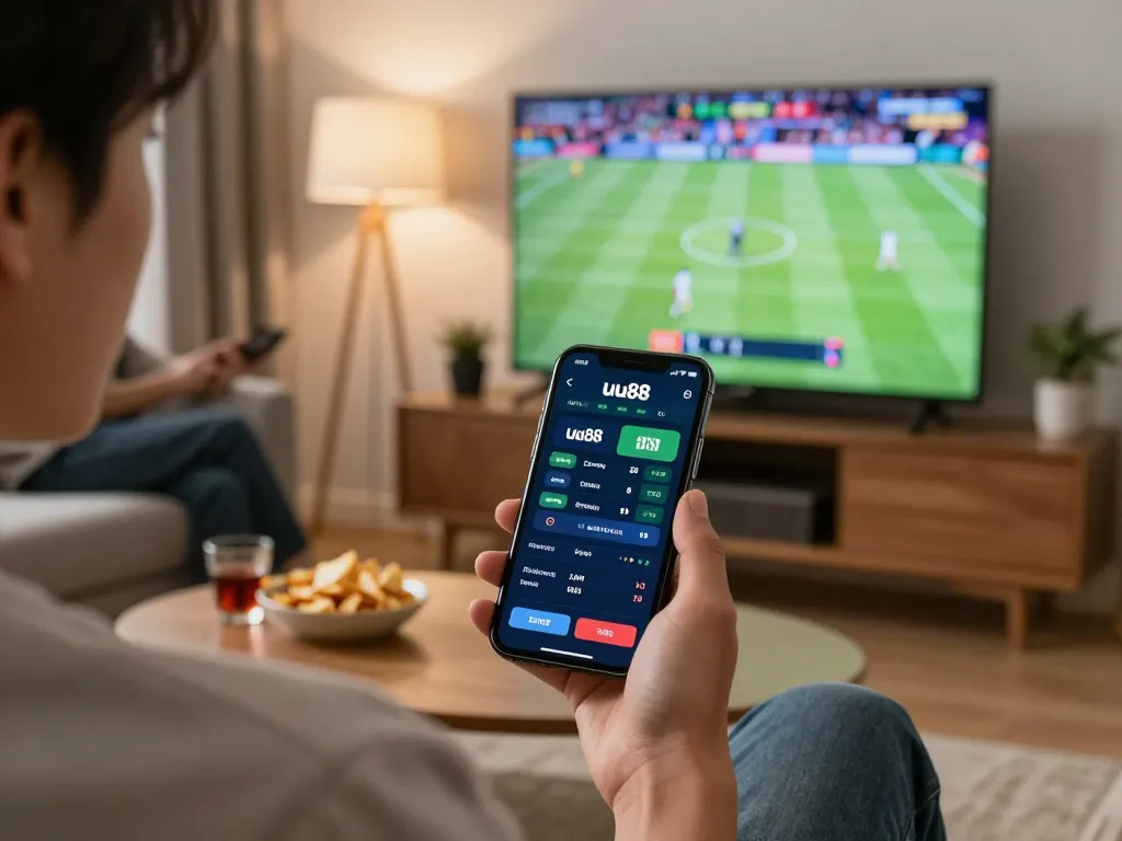 Person using the uu88 sports betting app on their smartphone during an exciting live match.