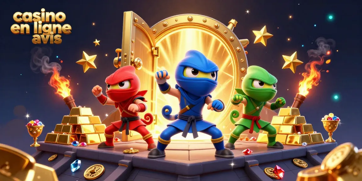 Visualisez les ninja colorés effectuant des poses martiales tout en explorant un casino en ligne avis avec des trésors scintillants.