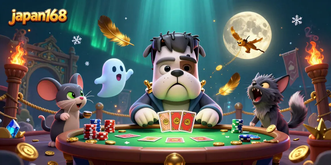 Engage in thrilling card games with japan168 at a lively haunted casino illustrated scene featuring unique characters.