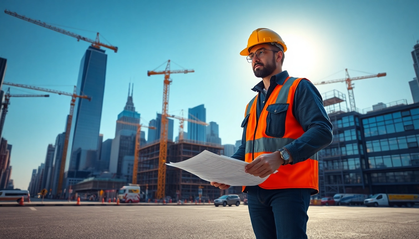 Skilled New York City General Contractor reviewing blueprints on a construction site amidst skyscrapers.