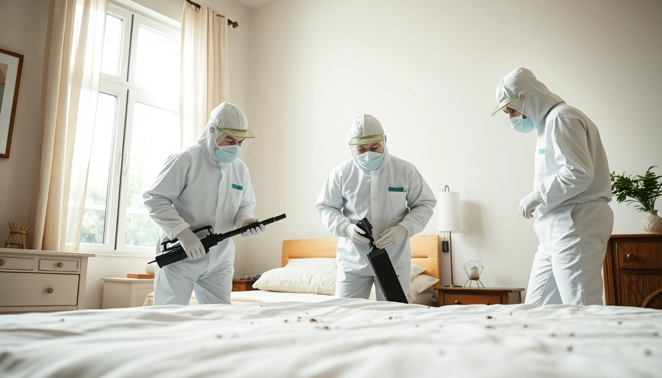 Engaging bed bug pest control scene with professionals ensuring effective treatment in a bedroom.