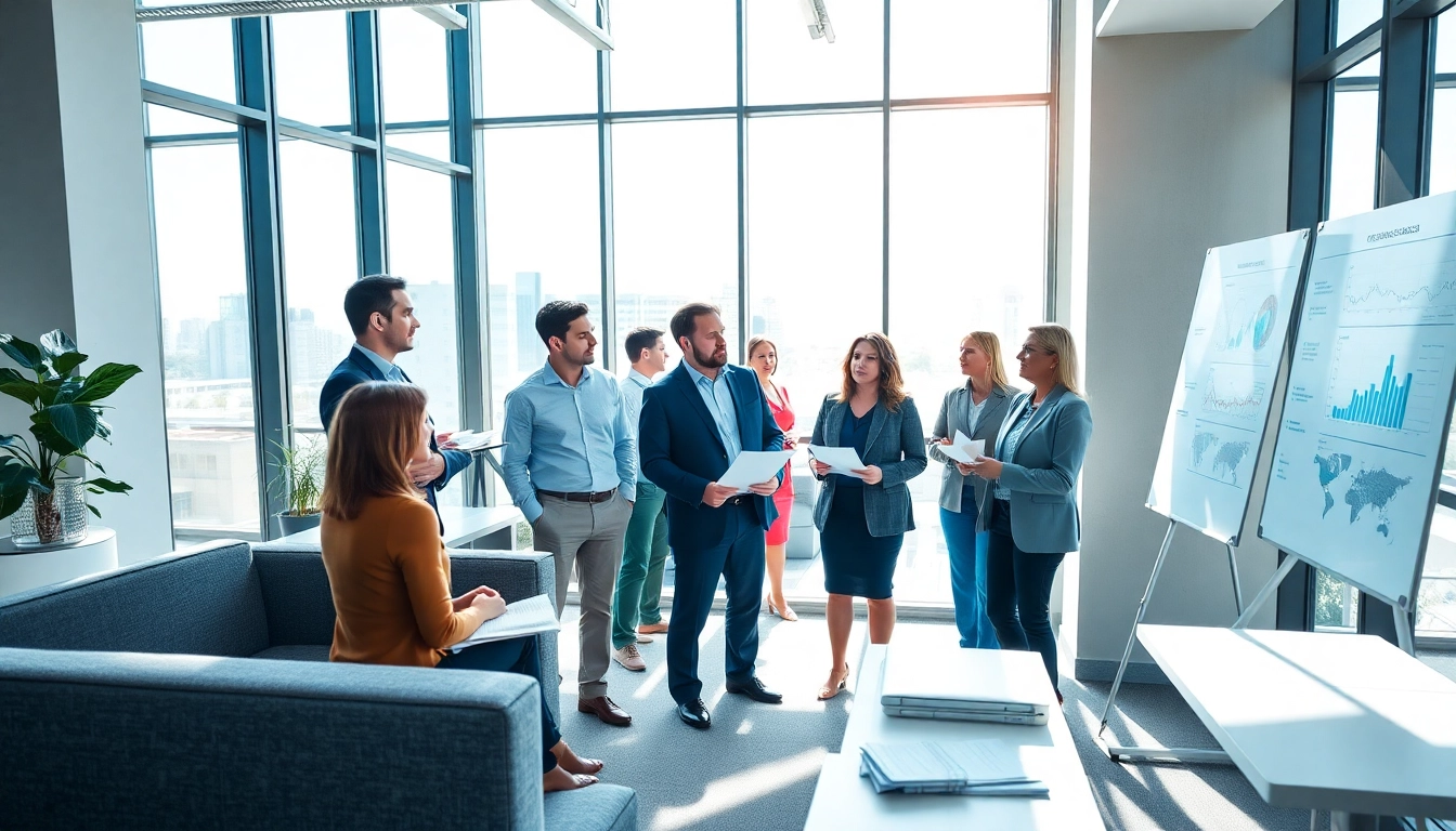 Engaging discussion about Federal and State contracts among diverse business professionals in a modern office.