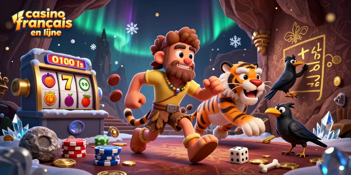 Cela illustre un casino français en ligne géré par un homme des cavernes et un tigre à dents de sabre, avec des rouleaux de machines à sous et des pièces dorées.