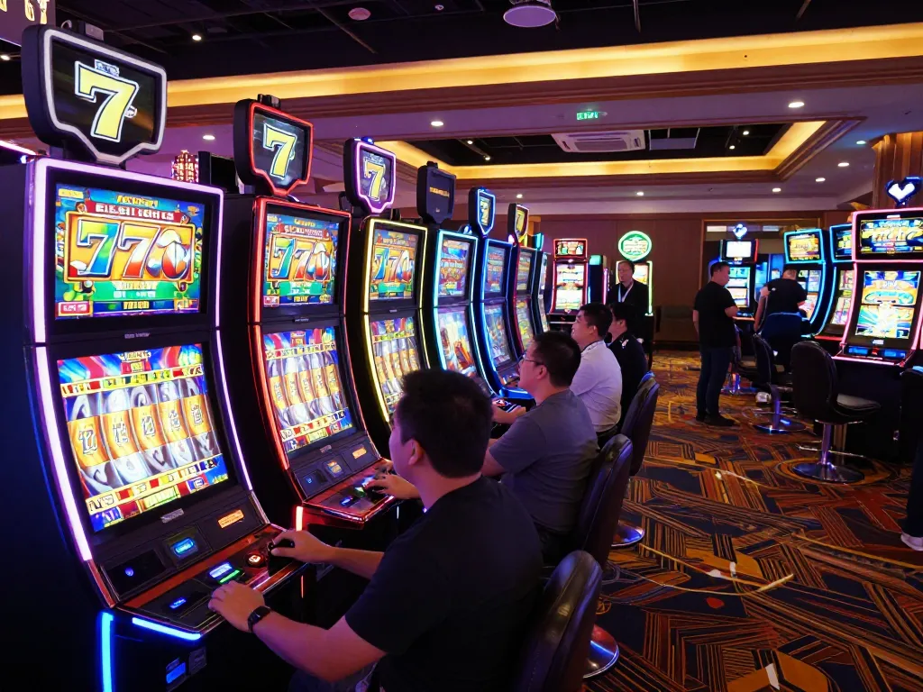 Engaging players at slot 777 machines in a lively casino atmosphere.