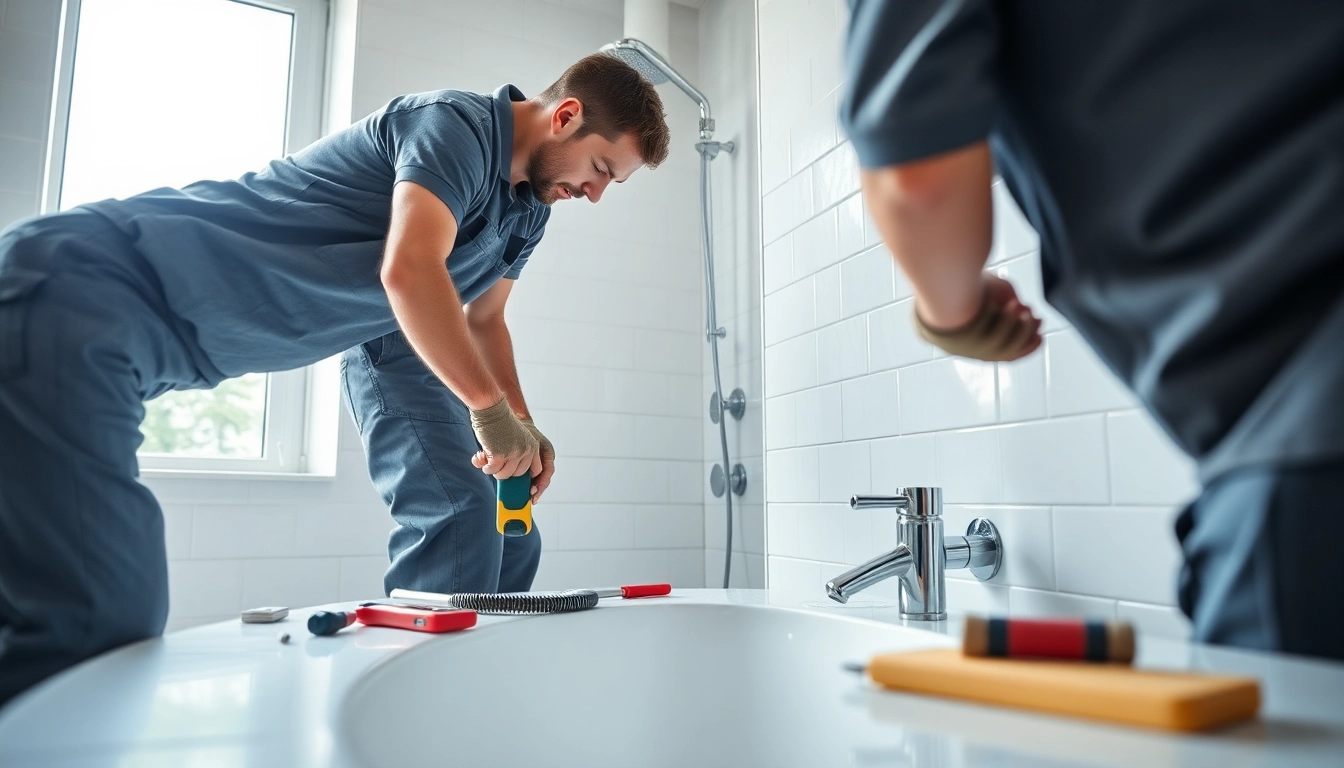 Skilled bathroom fitters manchester installing modern fixtures in a stylish bathroom.