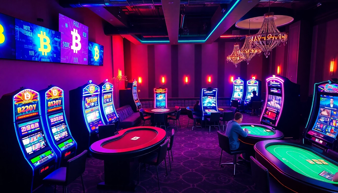 Engaging scene from a bitcoin casino with vibrant gaming activities and players enjoying their experience.