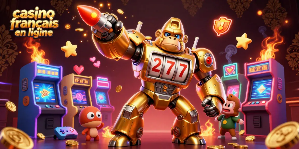 Amusez-vous au casino français en ligne avec une illustration 3D dynamique, mettant en avant un gorille doré et des machines à sous.