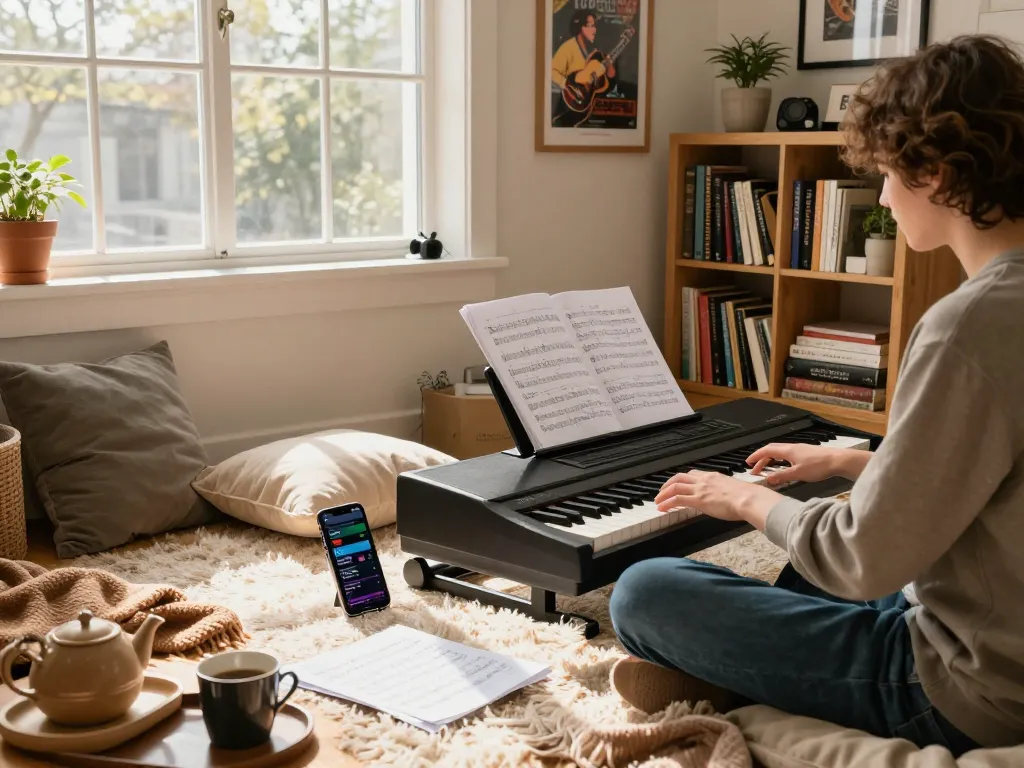 Person playing the GO 88 digital piano surrounded by music notes in a cozy living room.