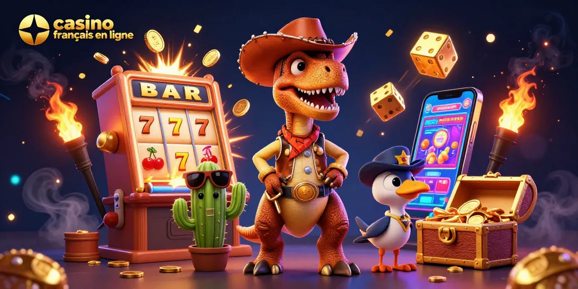 Jouez sur casino français en ligne avec une illustration dynamique de jackpot et personnages amusants.
